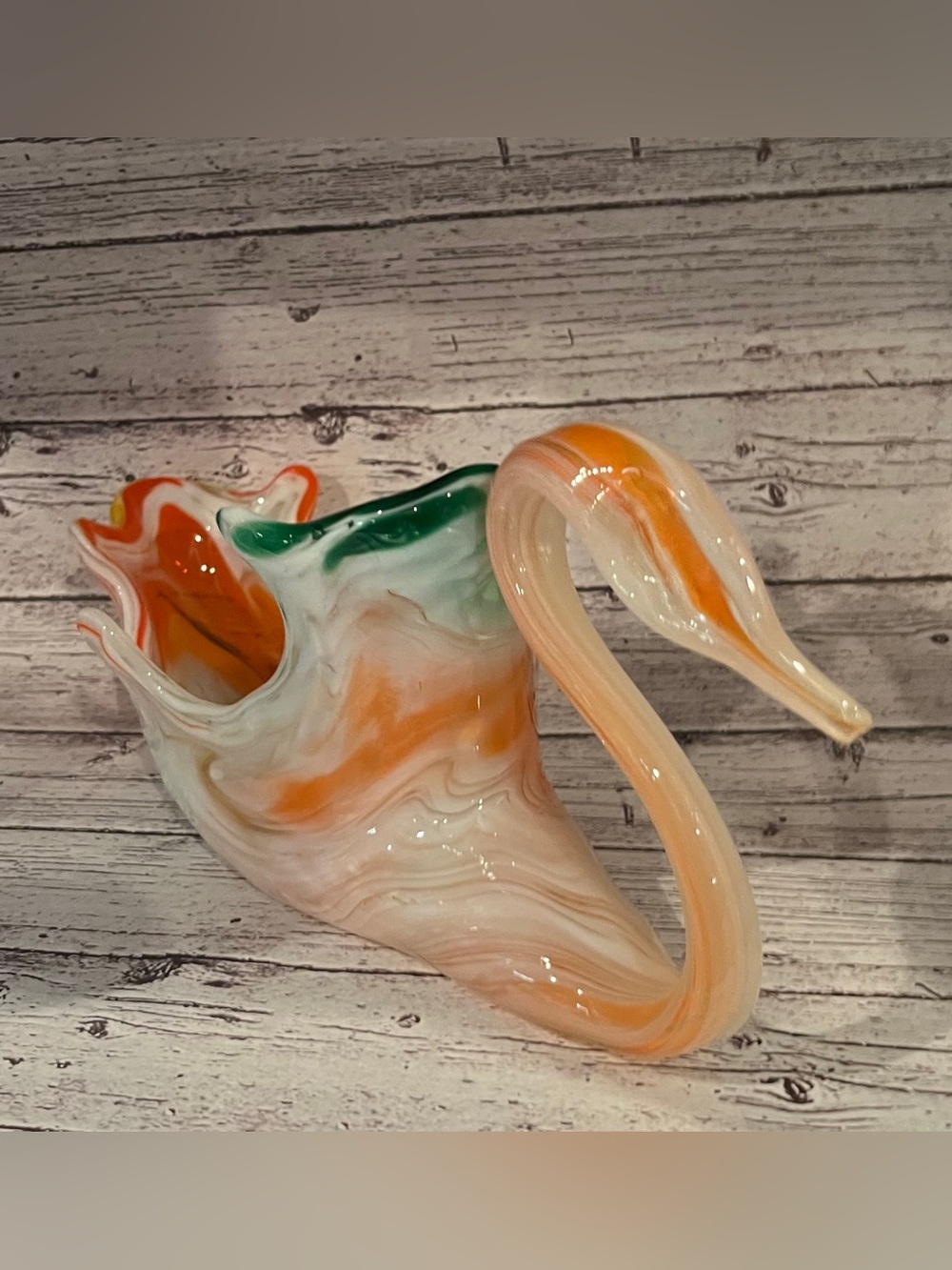 Sooner Hand-Blown Slag Glass Swan Sculpture - Orange, Green, White